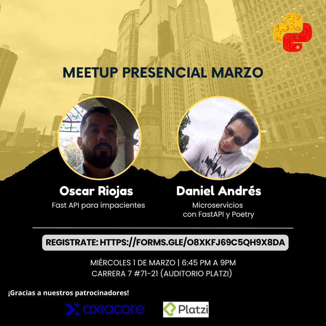 pythonbogota's tweet image. ¡Aún tienes tiempo para inscribirte al meetup presencial de Python Bogotá!
¡No te quedes sin participar!
El evento se realizará el miércoles 1 de marzo 2023 de 645pm a 9pm, en las instalaciones de Platzi
Regístrate: forms.gle/o8XKfj69c5Qh9X…