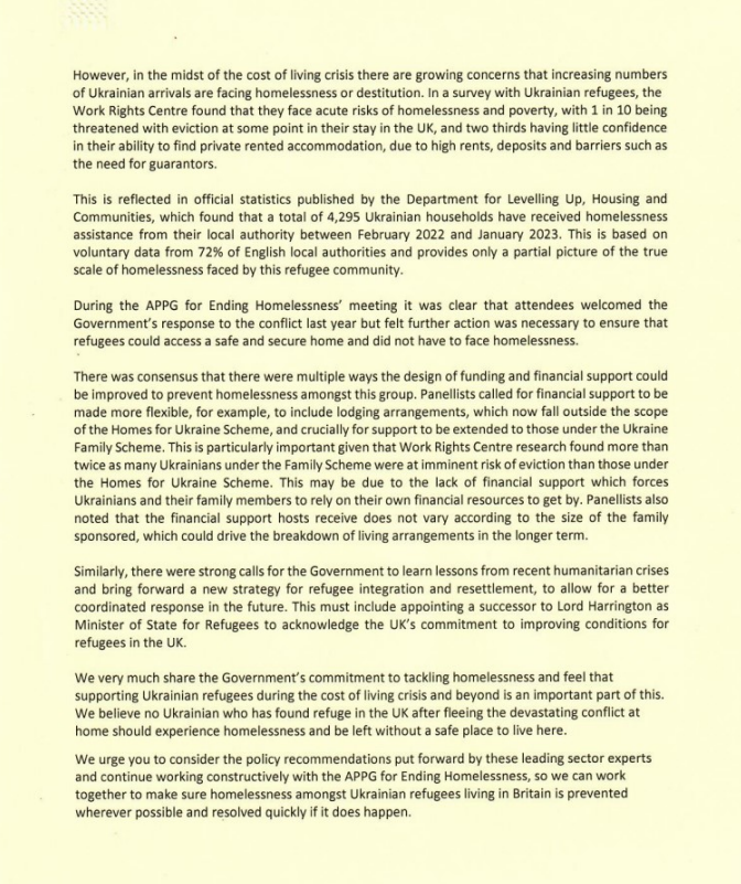 HomelessAPPG's tweet photo. Following our meeting last month, @BobBlackman and @FloEshalomi and 72 other parliamentarians have written to the Minister to share their growing concerns around rising homelessness amongst Ukrainian refugees living in Britain and the urgent action needed to support them. https://t.co/mmXeg6We6v