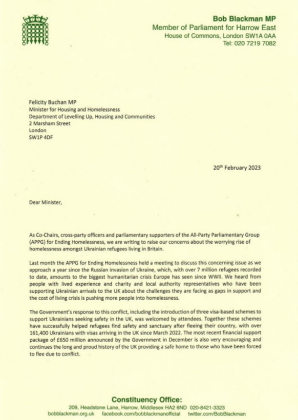 HomelessAPPG's tweet photo. Following our meeting last month, @BobBlackman and @FloEshalomi and 72 other parliamentarians have written to the Minister to share their growing concerns around rising homelessness amongst Ukrainian refugees living in Britain and the urgent action needed to support them. https://t.co/mmXeg6We6v