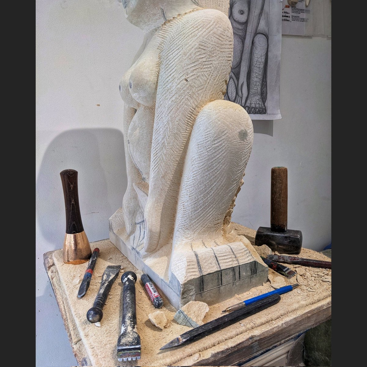 My stone statue is moving forward...I'm honing in on the details now. #contemporarysculpture #britishsculpture #femalesculptor #stonecarver #stonecarving #modernbritishsculpture #sheelanagig #feministartist #BirthDeathRebirth