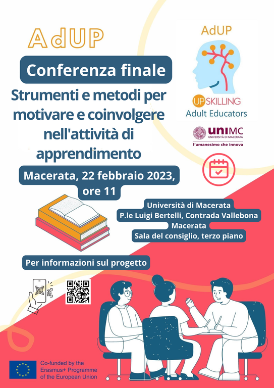 3i4u1's tweet photo. Il 22 febbraio 2023 si terrà l'evento finale del progetto #ADUP: Upskilling Adult Educators pensato per migliorare la qualità della didattica nell'educazione degli adulti in termini di motivazione e coinvolgimento degli studenti @UniMC 
Info: https://t.co/VDyVnCCYga https://t.co/DAMPaTfLGy