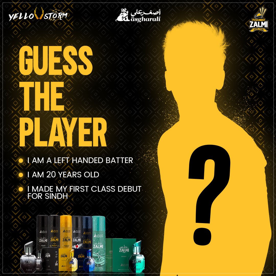 PeshawarZalmi's tweet image. 🟡⚫️ GIVEAWAY 🎁 

Predict &amp;amp; Win - Guess the Zalmi player and get a chance to win Zalmi perfumes &amp;amp; deodorants by Asghar Ali. 🌬️

Rules for participation: 

Tag 3 friends. 
Comment your answer. 
Share the post. 

#Zalmi #YellowStorm #ZalmiRaalal #ZKingdom #ZalmiDeluxe #HBLPSL8