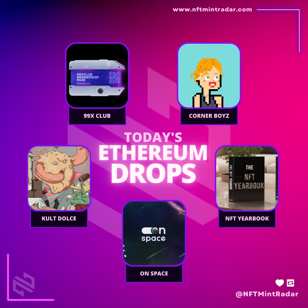 NFTMintRadar | Upcoming NFTs (@nftmintradar) on Twitter photo πDon't miss out on the hottest #Ethereum mints of the day!π
π 20th February
π£<a href="/Corn3rBoyz/">CornerBoyz</a> - 0.042β°
π£<a href="/Onspace_nft/">On Space</a> - 0.01β°
π£<a href="/nft_yearbook/">NFT Yearbook</a> - 0.1195β°
π£ <a href="/99x_club/">99x Club</a> -0.1β°
π£@KultDolce -0.025β°
#NFT #NFTdrops #NFTCommunity
Check it out now β¬
bit.ly/TodaysEthereum πDon't miss out on the hottest #Ethereum mints of the day!π
π 20th February
π£<a href="/Corn3rBoyz/">CornerBoyz</a> - 0.042β°
π£<a href="/Onspace_nft/">On Space</a> - 0.01β°
π£<a href="/nft_yearbook/">NFT Yearbook</a> - 0.1195β°
π£ <a href="/99x_club/">99x Club</a> -0.1β°
π£@KultDolce -0.025β°
#NFT #NFTdrops #NFTCommunity
Check it out now β¬
bit.ly/TodaysEthereum