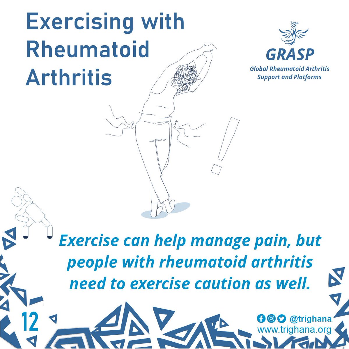 trighana's tweet photo. Exercise can help manage pain, but people with rheumatoid arthritis need to exercise caution as well.
#rheumatoidarthritis 
#rheumatoidarthritisawareness 
#RA
#exercise 
#RAandExercise
#GRASP
#tRi 
#tRi2gether
#keepmoving https://t.co/7uGmYPPrN1