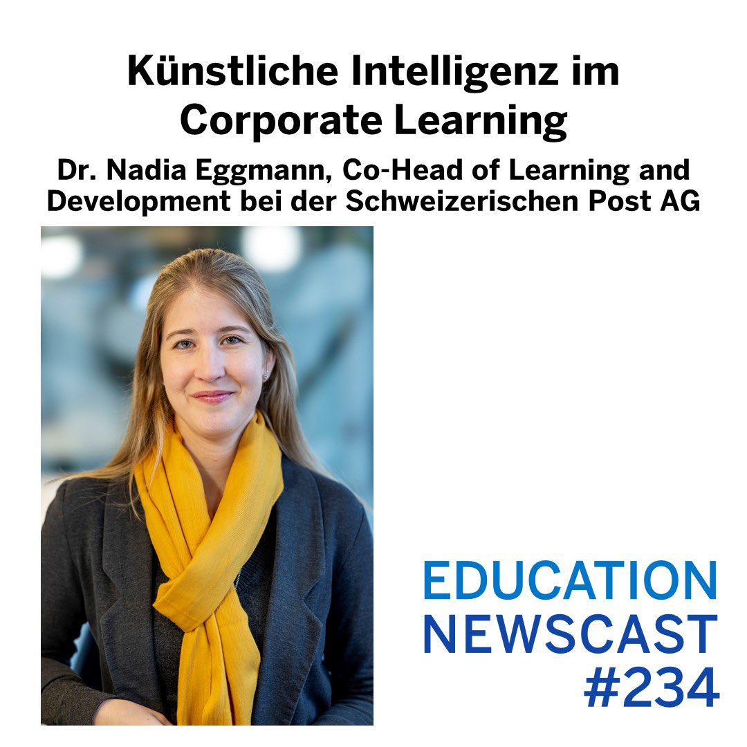 Künstliche Intelligenz im Corporate Learning: Anwendungsfälle, Erfolgsfaktoren &amp; Handlungsempfehlungen mit Dr Nadia Eggmann 
🎧openSAP lnkd.in/ew2n-Kgz 
🎧 Apple lnkd.in/dTuAZde
🎧 Spotify lnkd.in/dZQ75tU
#EducationNewsCast #ki #Künstlicheintelligenz