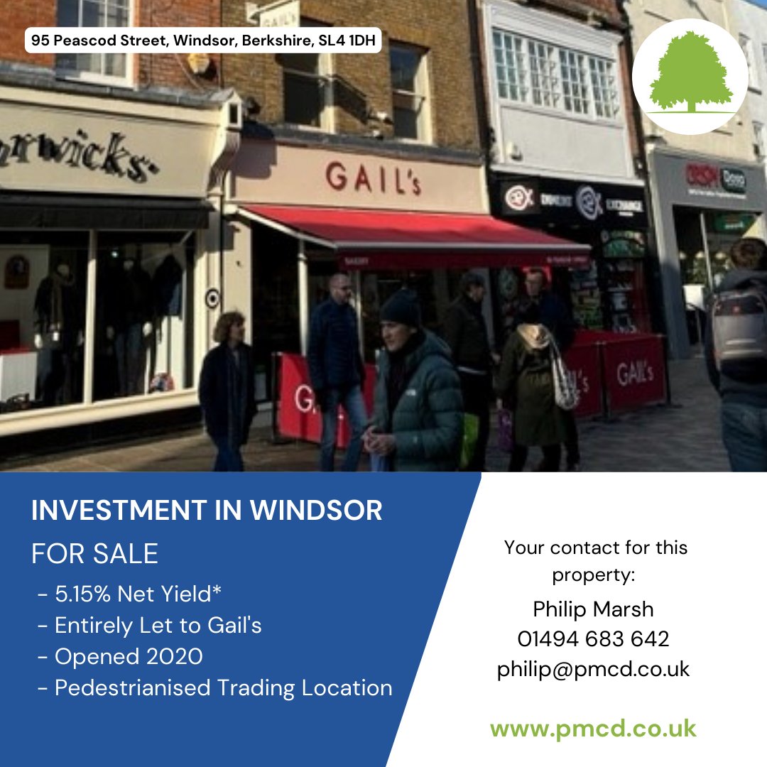 Freehold for sale in Windsor, currently occupied by Gail's. With a net initial yield of 5.15%, this attractive three-storey building is located in a prime retail street, surrounded by other popular retailers and restaurants. #investment #Windsor #PeascodStreet #Gails #freehold