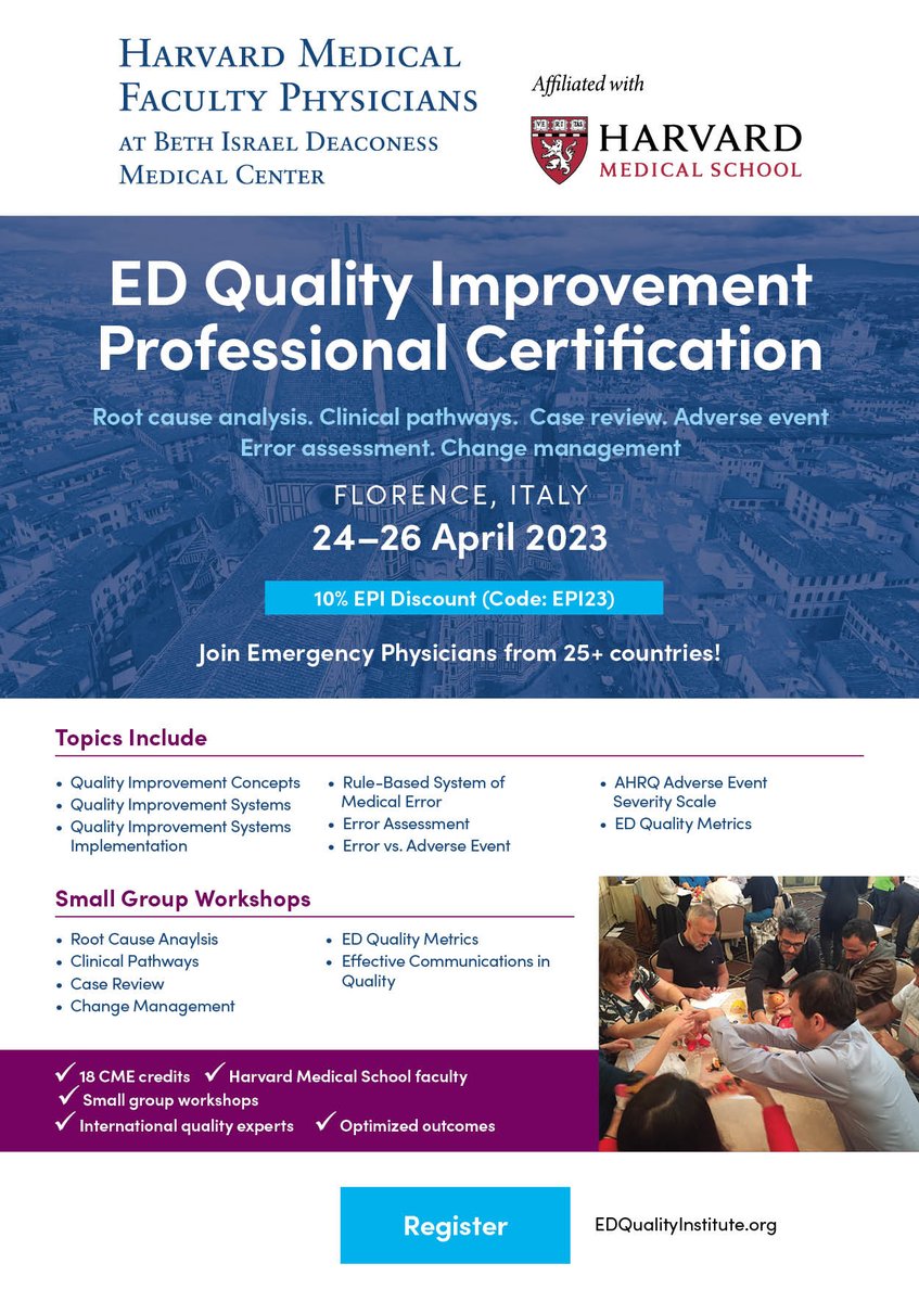 Join us in Italy in April for ED Quality Improvement Professional Certification. Harvard faculty and other intl ED quality experts run workshops on case assessment, root cause analysis, pathways, change mgmt. <a href="/EPiJournal/">EP International</a> member discount bit.ly/3RcTa9B #emergencymedicine