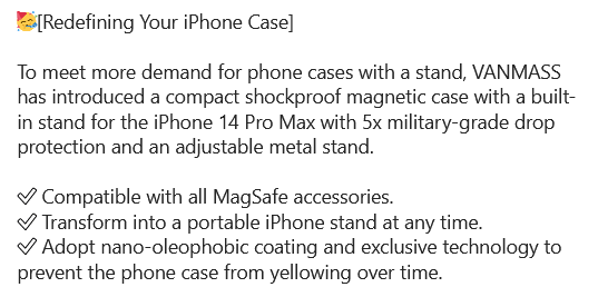 vanmasslife's tweet photo. Hey guys, 🌞hope you all had a nice weekend! 📢 We're here to introduce our new release, 💫the iPhone 14 Pro Max Magsafe Phone Case💫. Get to know it with us.

Product Link: https://t.co/QH1h7LXk96

#VANMASSiphone14promaxcasemagsafe #iphone14promaxcas #magsafephonecase #VANMASS https://t.co/TIm9M6wYXw