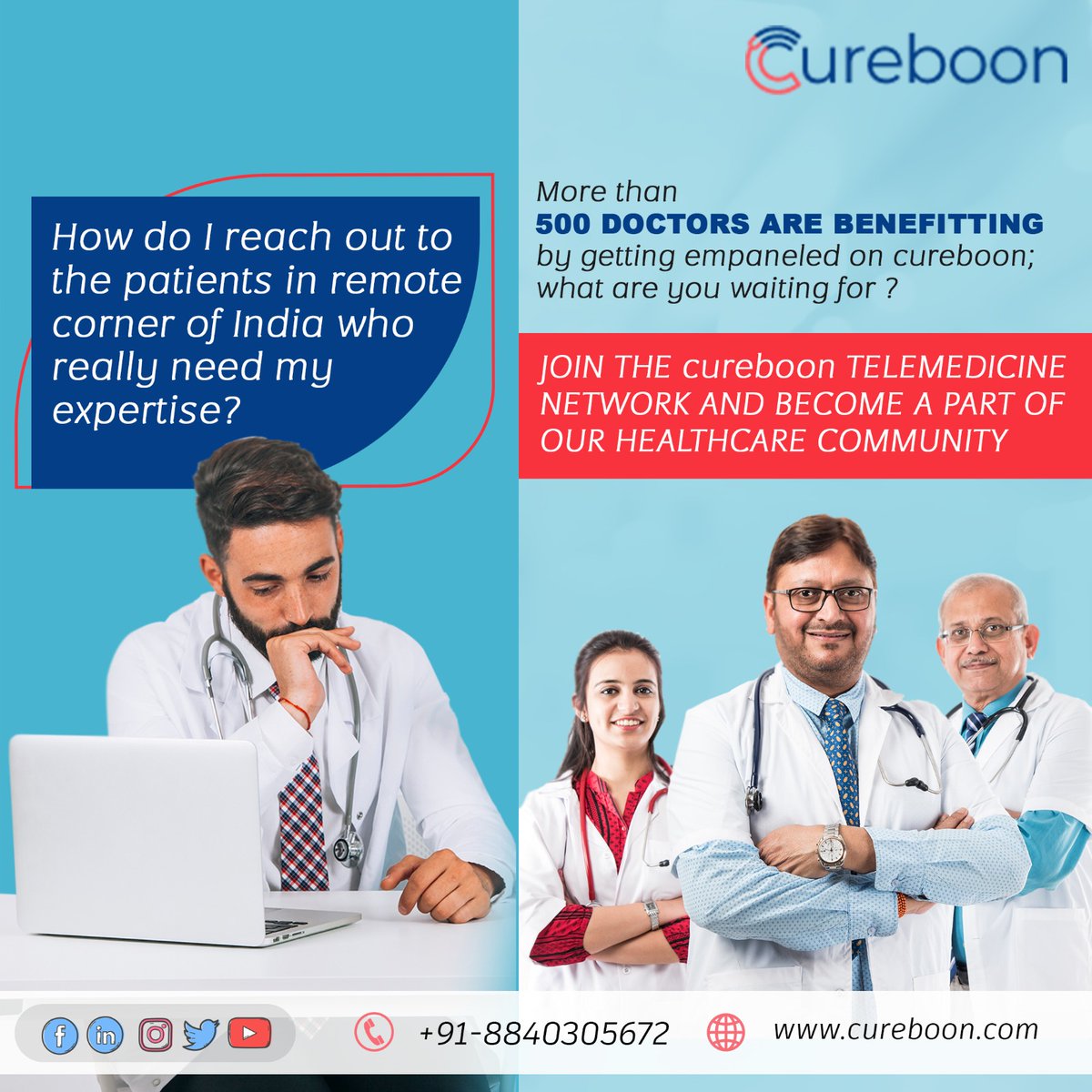 Cureboon1's tweet photo. Cureboon Telemedicine Network helps connect doctors to patients in remote corners of India who require medical care and expertise.
.
.
.
https://t.co/tRyNIFvgKO
8840305672
#careforeveryone #qualitycare #doctorconsultation #telecommunications #doctortopatient #clinic
#cureboon https://t.co/lz0FVz8ROh