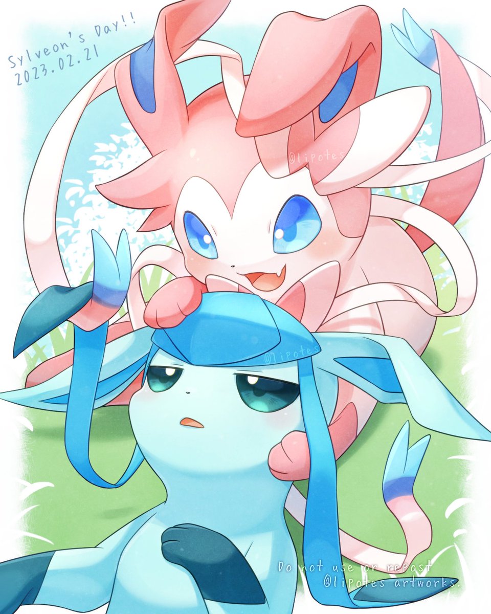 glaceon ,sylveon pokemon (creature) no humans open mouth blue eyes fang smile grass  illustration images