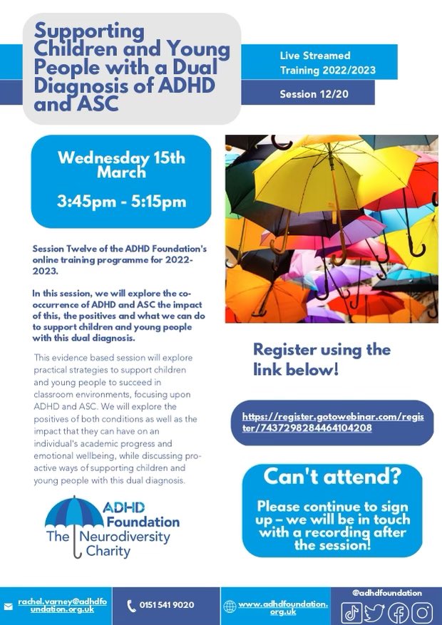 The Neurodiversity Charity ADHD Foundation (@adhdfoundation) on Twitter photo Live streamed 90 minute Webinar for Teachers:Teaching & learning for pupils with combined ADHD & Autism.Wednesday 15th MARCH 3.45-5.15 £25
Book via link. Limited places: register.gotowebinar.com/register/74372… <a href="/CharteredColl/">Chartered College of Teaching</a> @TeachSchCouncil <a href="/TeachPrimary/">Teach Primary</a> <a href="/gtcs/">The General Teaching Council for Scotland</a> <a href="/nasen_org/">nasen</a> <a href="/ISC_schools/">Independent Schools Council</a> <a href="/AoC_info/">Association of Colleges (AoC)</a> Live streamed 90 minute Webinar for Teachers:Teaching & learning for pupils with combined ADHD & Autism.Wednesday 15th MARCH 3.45-5.15 £25
Book via link. Limited places: register.gotowebinar.com/register/74372… <a href="/CharteredColl/">Chartered College of Teaching</a> @TeachSchCouncil <a href="/TeachPrimary/">Teach Primary</a> <a href="/gtcs/">The General Teaching Council for Scotland</a> <a href="/nasen_org/">nasen</a> <a href="/ISC_schools/">Independent Schools Council</a> <a href="/AoC_info/">Association of Colleges (AoC)</a>