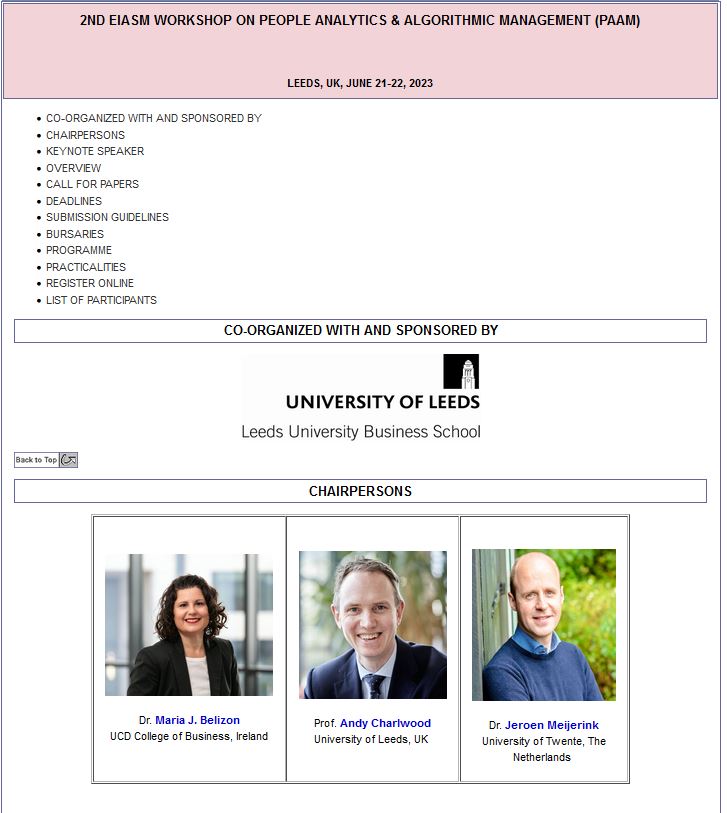 There are two weeks left to submit an extended abstract to present your work during the 2nd EIASM Workshop on People Analytics and Algorithmic Management on June 21-22 at the University of Leeds (UK).

For more info: eiasm.org/frontoffice/ev…