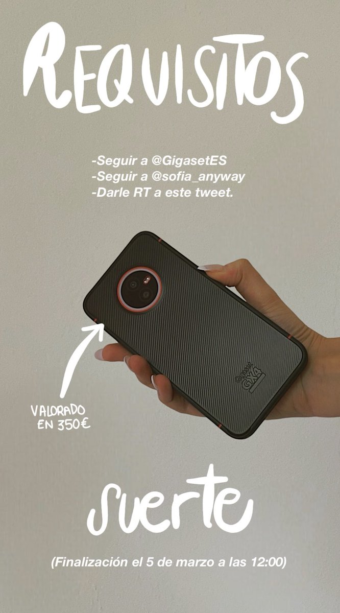 sophia ⋆꙳ (@sofia_anyway) on Twitter photo Sorteo de Gigaset x Sofia Anyway
Estamos sorteando un móvil Gigaset GX4 para celebrar los 50k en Twitch de Sofía. Los requisitos para participar son los siguientes:
Seguir a <a href="/GigasetES/">Gigaset España</a> y @sofia_anyway
Darle RT a este tweet.
Bases legales: epr.ms/3k2ifrL Sorteo de Gigaset x Sofia Anyway
Estamos sorteando un móvil Gigaset GX4 para celebrar los 50k en Twitch de Sofía. Los requisitos para participar son los siguientes:
Seguir a <a href="/GigasetES/">Gigaset España</a> y @sofia_anyway
Darle RT a este tweet.
Bases legales: epr.ms/3k2ifrL