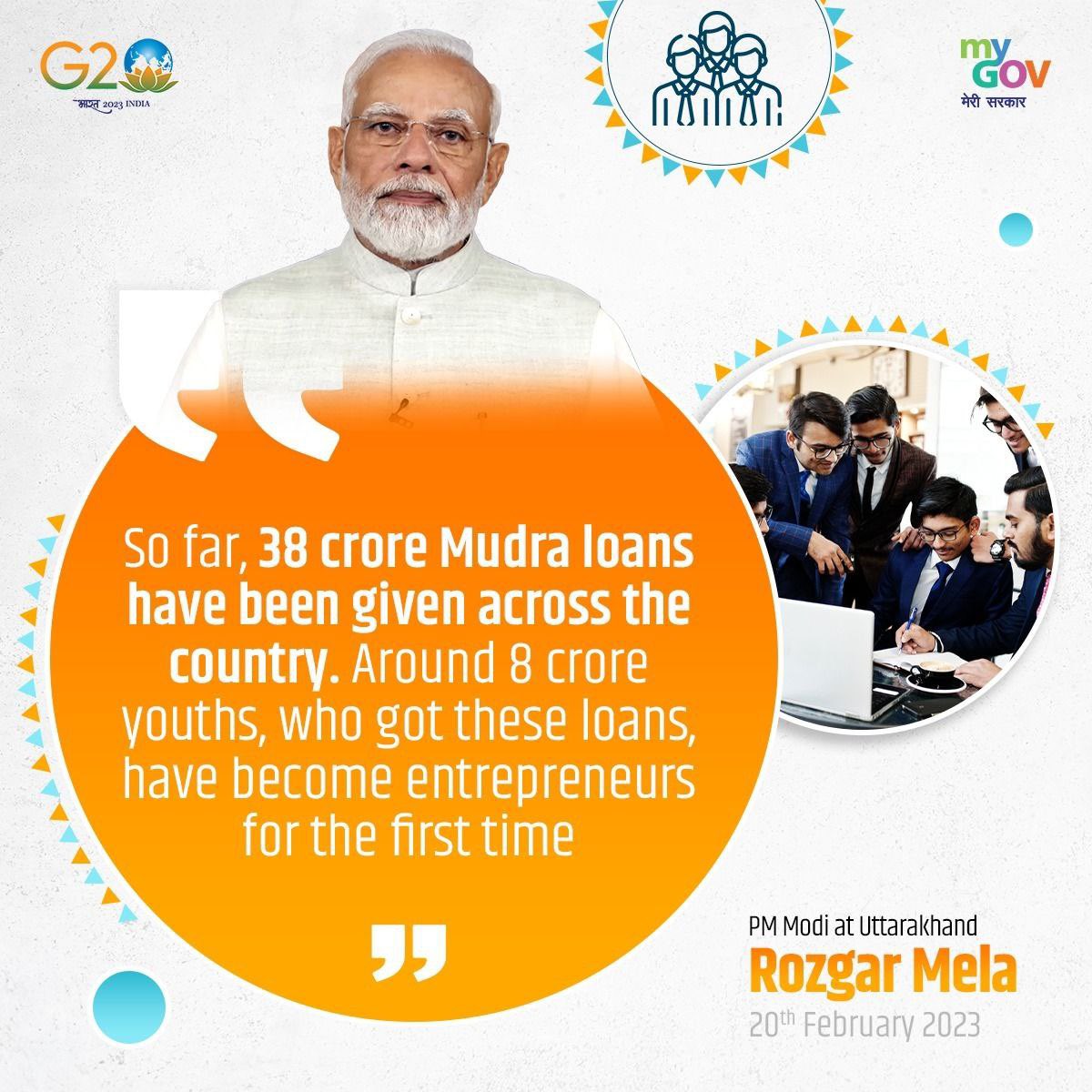 38 crore #MudraLoans 8crore youth recipients .. #ModiGovt towards empowering the youth of #India #entrepreneurs @BJP4TamilNadu @annamalai_k 
#ModiHainTohMumkinHain #NewIndia 🇮🇳
