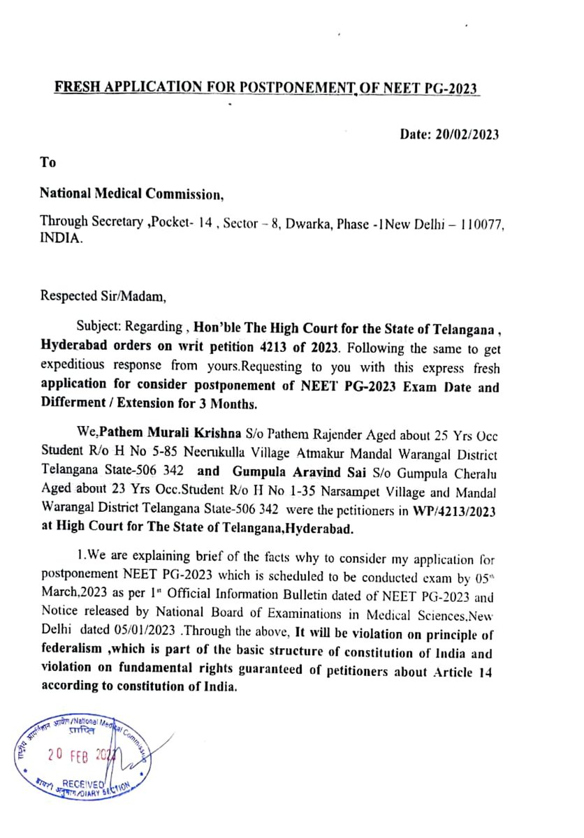 dr_anaga's tweet photo. #NEETPG2023

Hoping for the Lawful &amp; legitimate reply from @NMC_IND @MoHFW_INDIA @NbeIndia @OfficeOf_MM in response to Hon'ble Telangana HC order

Kindly #postponeNEETPG2023 by 3-4 months and give relief to lakhs of Young Doctors

TQ Adv @RaviPonampelli sir for going all the way. https://t.co/95uNKqynpJ