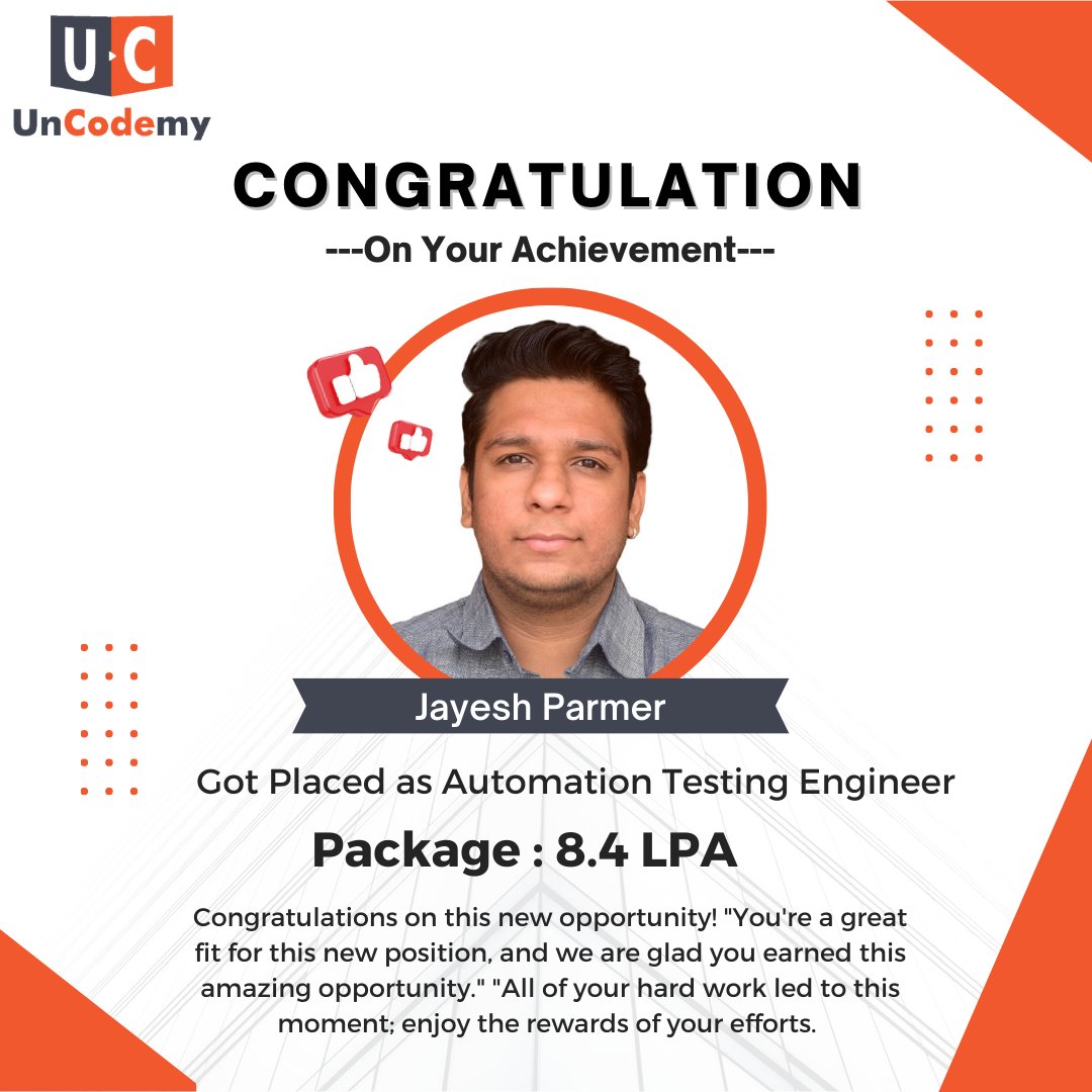 Congratulations, Mr. Jayesh Parmer 🙎🏻‍♂️ ‍Got placed as Automation Testing Engineer 💐

.
.
.
.
.
#uncodemy #softwaretesting #AutomationTesting  #placement #career #newjobday #journey #firstjob #salary #carrer #placementtips #placementyear #software #developer  #coder #tester