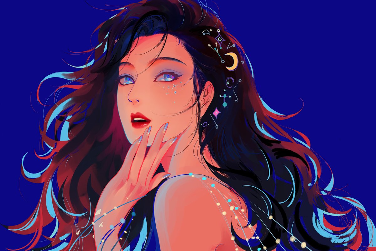 1girl solo long hair blue eyes blue background black hair looking at viewer  illustration images