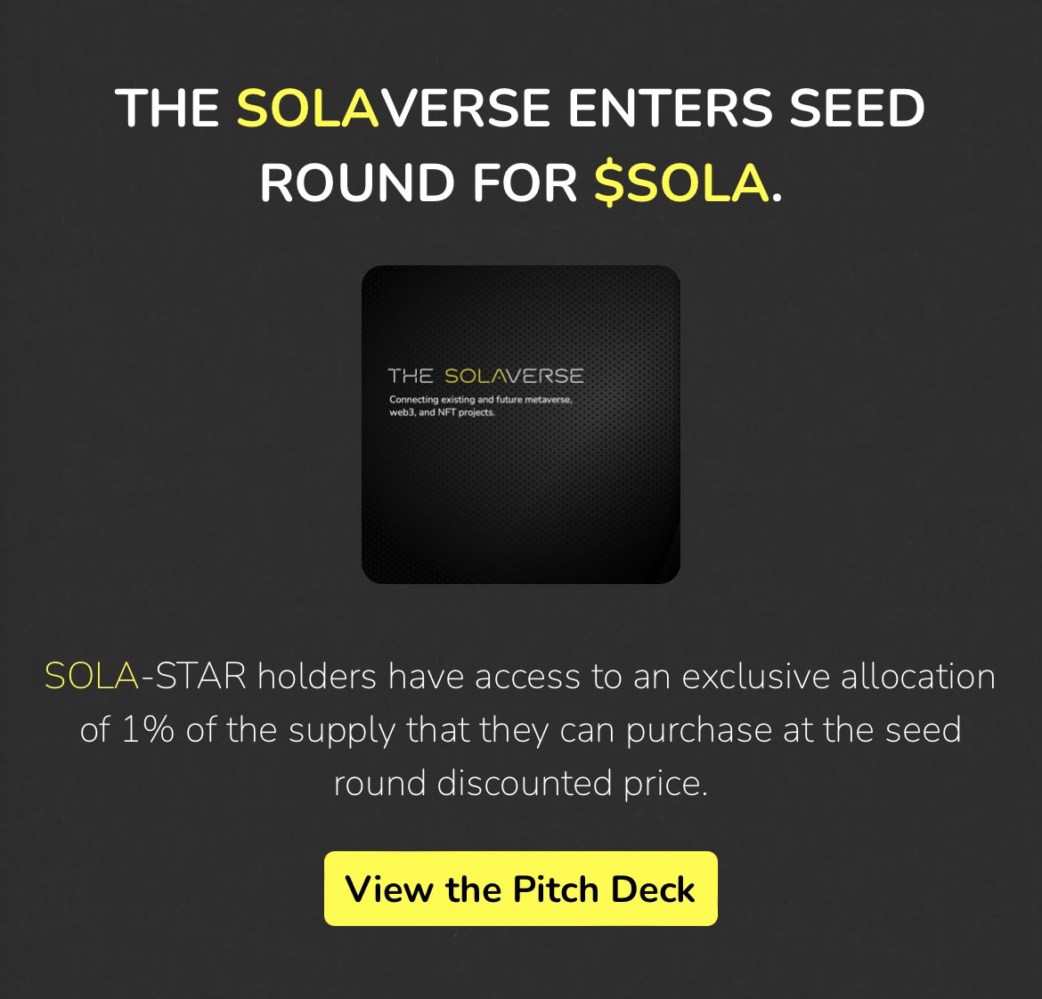 the_solaverse's tweet image. SOLA-STAR holders. You can now access the Pitch Deck on your dashboard ✨

thesolaverse.com/dashboard