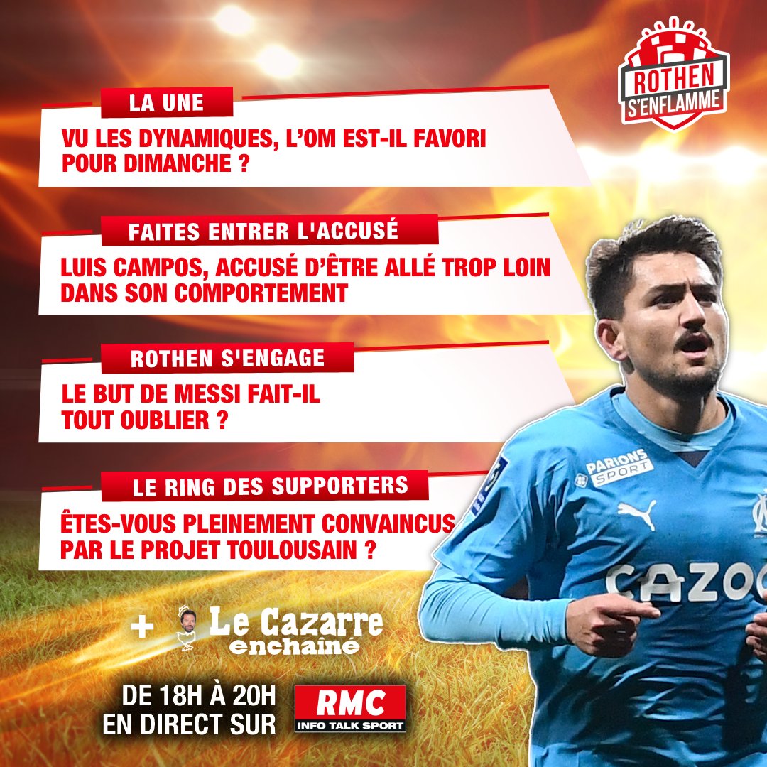 Rothen s'enflamme (@rothensenflamme) on Twitter photo 🔥🎙 Salut tout le monde. Le menu de Rothen s'enflamme ce lundi.
👥 L'équipe du jour : <a href="/RothenJerome/">Jérôme Rothen</a>, <a href="/jltourre/">Jean-Louis Tourre</a>, Éric Di Meco, <a href="/BODMERmathieu/">Mathieu Bodmer</a> et Julien Cazarre. 🔥🎙 Salut tout le monde. Le menu de Rothen s'enflamme ce lundi.
👥 L'équipe du jour : <a href="/RothenJerome/">Jérôme Rothen</a>, <a href="/jltourre/">Jean-Louis Tourre</a>, Éric Di Meco, <a href="/BODMERmathieu/">Mathieu Bodmer</a> et Julien Cazarre.