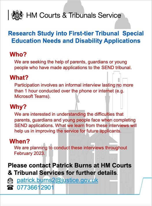 SIASS (@sutton_iass) on Twitter photo An opportunity throughout February to give feedback to HM Courts & Tribunals on your experience of the SEN Tribunal.
Contact Patrick Burns for further details
patrick.burns2@justice.gov.uk
07736612901 An opportunity throughout February to give feedback to HM Courts & Tribunals on your experience of the SEN Tribunal.
Contact Patrick Burns for further details
patrick.burns2@justice.gov.uk
07736612901