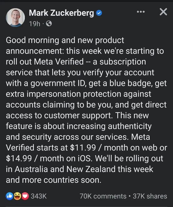 After #Twitter-#Musk, also #facebook-#Meta-Mark, introduces the Premium personal accounts - "Blue Verified"