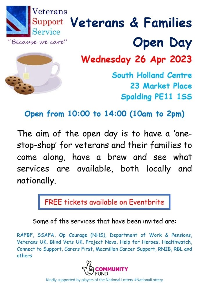 FREE tickets are now available for our next Veterans &amp; Families Open Day to be held at the South Holland Centre in Spalding on Wed, Apr 26 from 10:00 to 14:00 

eventbrite.co.uk/e/veterans-fam…

A big thank you all players of The National Lottery who have made this event possible. 👏👏👏