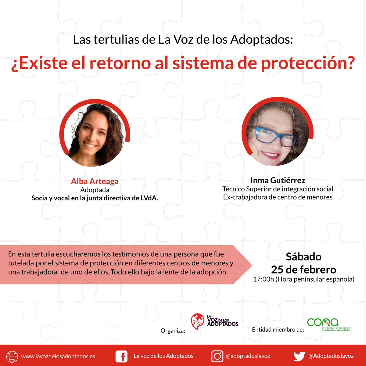 📌¡Vuelven nuestras tertulias!El próximo 25 de febrero. En esta ocasión reflexionaremos sobre si realmente existe un retorno al sistema de protección después de que se haya realizado una adopción permanente.
📍Horario: 17 a 19 (hora Madrid)
+info: lavozdelosadoptados.es