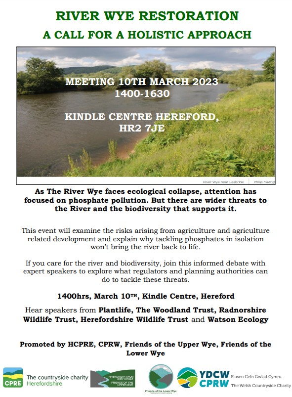 Working with <a href="/CPREHfdshire/">CPRE Herefordshire</a> <a href="/FriendsUpperWye/">Friends of the River Wye</a> <a href="/of_wye/">Friends of the Lower Wye.</a> we have co-organised an event to call for a holistic approach to saving the River Wye. If there is enough demand more events will be organised. Kindle Centre, Hereford 14:00hrs Fri 10th March <a href="/WGClimateChange/">Welsh Government Climate Change</a> <a href="/DwrCymru/">Welsh Water</a>