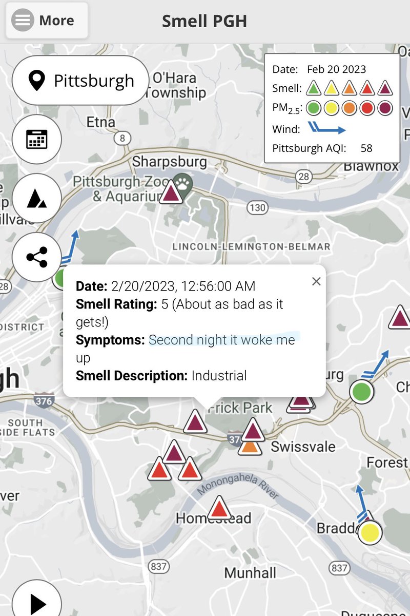 GASPPgh's tweet photo. A sampling of @cmucreatelab SmellPGH complaints this morning.
FYI: PM2.5/H2S/SO2 all elevated at the #AirQuality monitor in Liberty.
Have an air quality complaint? Link to make one to @HealthAllegheny is in bio. Also log on to the SmellPGH app. https://t.co/EDS3jmwOqP
