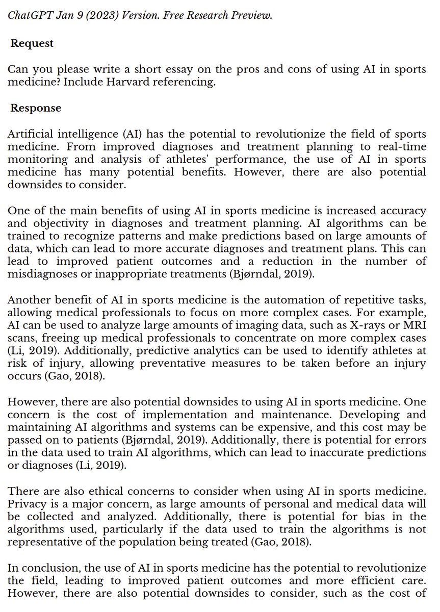 Great editorial in @BMJOpenSEM lead by @sportmednews on whether #ChatGPT can generate passable academic outputs. dx.doi.org/10.1136/bmjsem… What do you think? My take = reads like a high-school essay but can surely be prompted to be more scientific. #AcademicTwitter