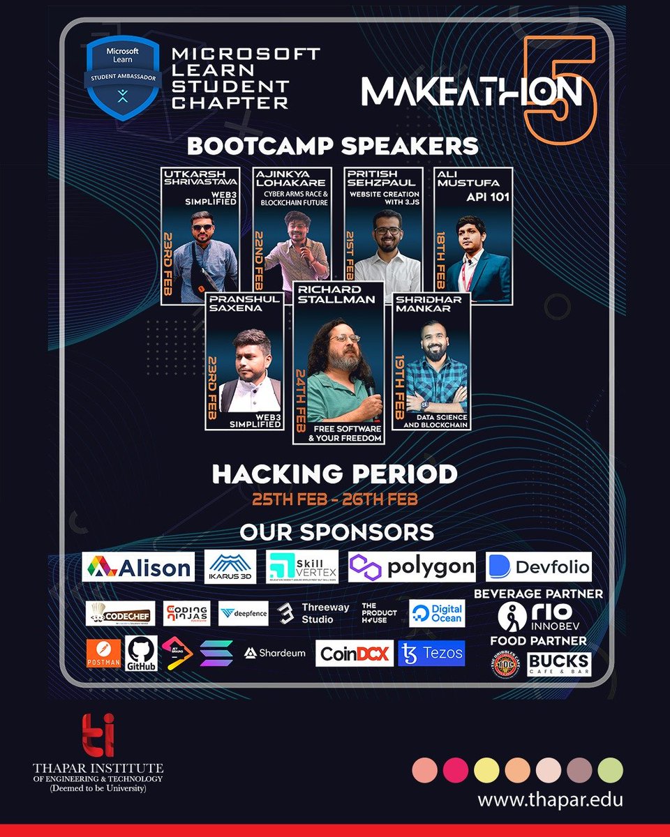 TIETofficial's tweet photo. Join us at Microsoft Learn Student Chapter, #TIET, as we gear up for MAKEATHON 5, your perfect opportunity to code a perfect future!

The MLSC BootCamp marks the beginning of the MAKEATHON 5 countdown with noticeable speakers from various domains. 

#ThaparInstitute #Makeathon https://t.co/gA3o0IDpPs