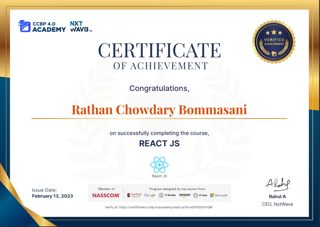 #hello
I am successfully completed the #reactjs course.
Here is the recognition from @nxtwave_tech towards my efforts and dedication.

@rahulattuluri @sashankreddy07 @girishakash13 #nxtwave #ccbp #ccbpian #ccbpacademy #ibhubs #FrontEndDeveloper #frontend #frontenddev