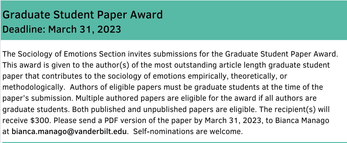 ASA Emotions Section (@socemotions) on Twitter photo Nominate a paper for the ASA Emotions Section 2023 graduate student paper award! Send a PDF version of the paper to bianca.manago@vanderbilt.edu by March 31, 2023! Nominate a paper for the ASA Emotions Section 2023 graduate student paper award! Send a PDF version of the paper to bianca.manago@vanderbilt.edu by March 31, 2023!
