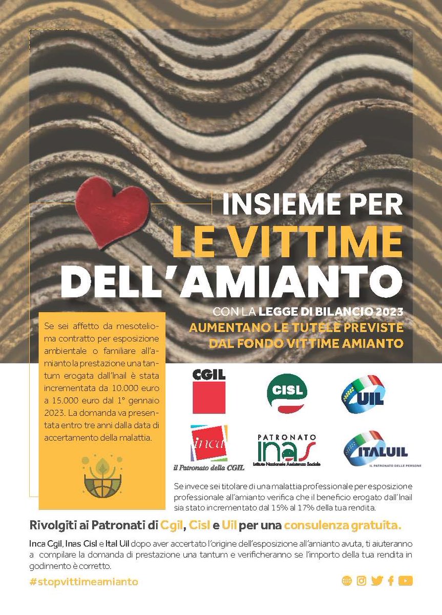 CislNazionale's tweet photo. 📢 INSIEME PER LE VITTIME DELL’ #AMIANTO. Al via la campagna informativa #stopvittimeamianto promossa da #CgilCislUil e dai loro patronati sulle nuove tutele per mesotelioma contratto per esposizione ambientale o familiare all’amianto https://t.co/5czzXIhl1L