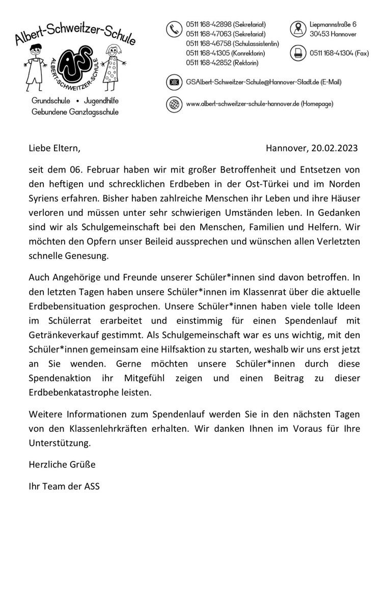 Almanya'da, oğlumun ilkokulu olan Hannover, Albert Schweitzer Schule öğrenci konseyi bile #deprem için yardım kampanyası kararı alıyor ve okul yönetimi onayıyla harekete geçiliyor:
#Erdbeben #depremzede