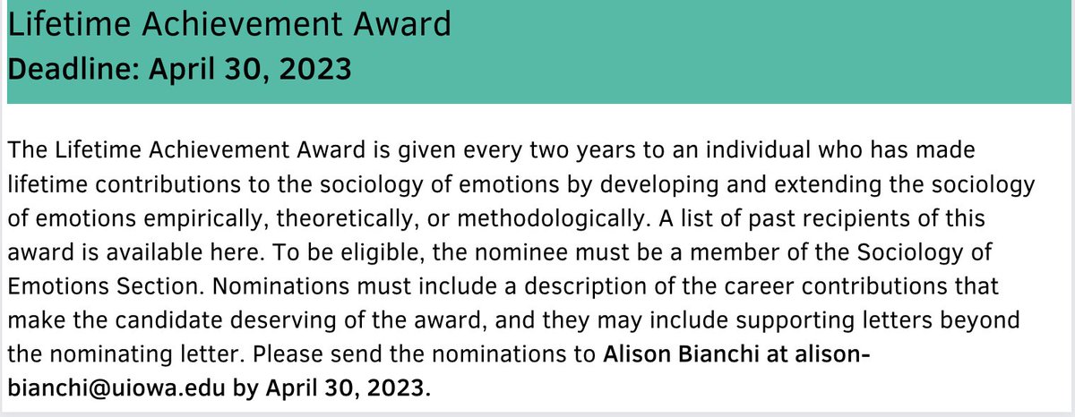ASA Emotions Section (@socemotions) on Twitter photo Send nominations for the Lifetime Achievement Award for the Sociology of Emotions section to alison-bianchi@uiowa.edu by April 30, 2023! Send nominations for the Lifetime Achievement Award for the Sociology of Emotions section to alison-bianchi@uiowa.edu by April 30, 2023!