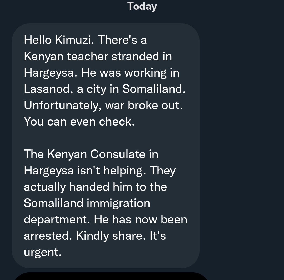 Kimuzi_'s tweet image. Kindly RT this so that it can reach relevant authorities.  There is a Kenyan teacher stranded in Somaliland. And he has been arrested.