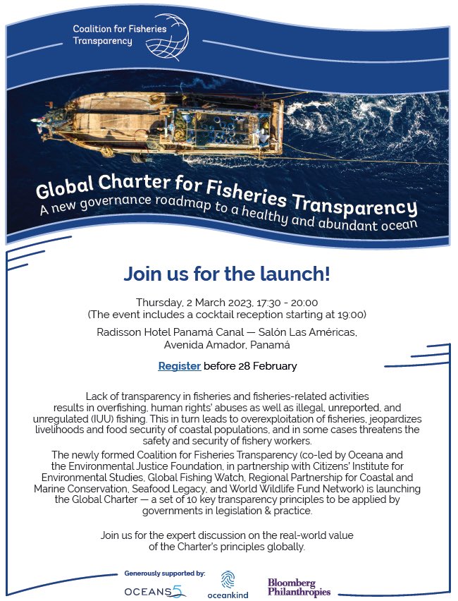 Heading to #OurOceanPanama? Come to this event and see how CSOs around the world have joined up to stop illegal fishing and forced labor. #fisheriestransparency. Register here: docs.google.com/forms/d/e/1FAI…