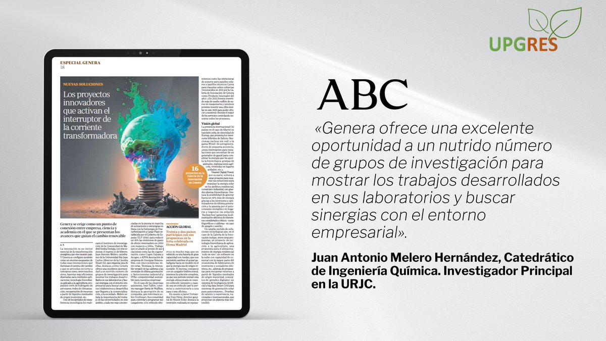 UPGRESProject's tweet photo. Juan Antonio Melero, catedrático de la @urjc y miembro del equipo del #UPGRESProject ha hablado con @abceconomia sobre la presentación del proyecto en la @FeriaGenera.

Lee aquí la noticia completa 👇

https://t.co/xjhmS05zd0 https://t.co/IiKlDADotb