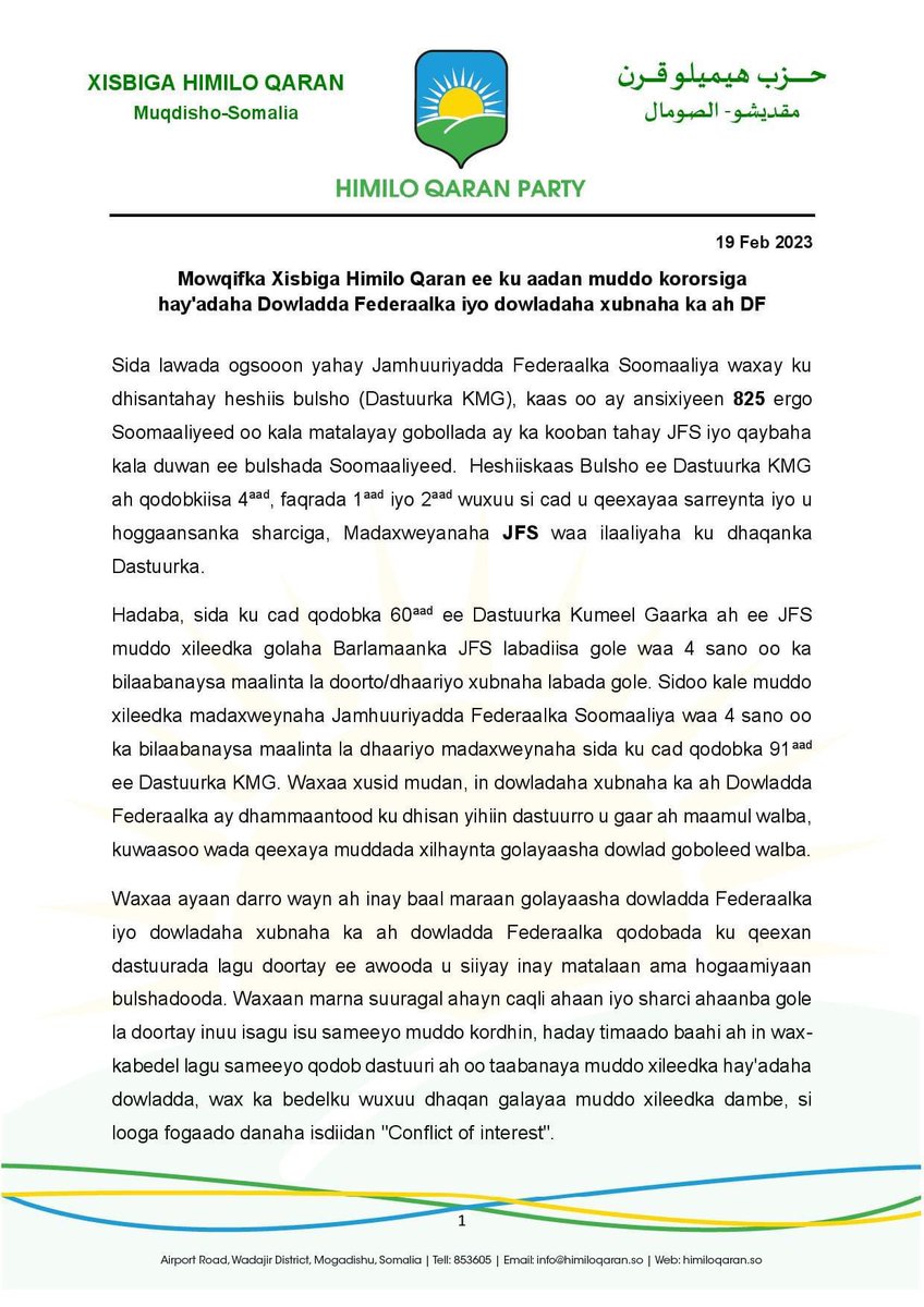 Anwaryare1000's tweet photo. The former president of #Somalia, #Sharif has warned & admonished the current regime of extending their mandate beyond the constitutional limit. As a caveat, the incumbent government should be vigilant on that as #Himilo Party states! https://t.co/ypxpe6igUg