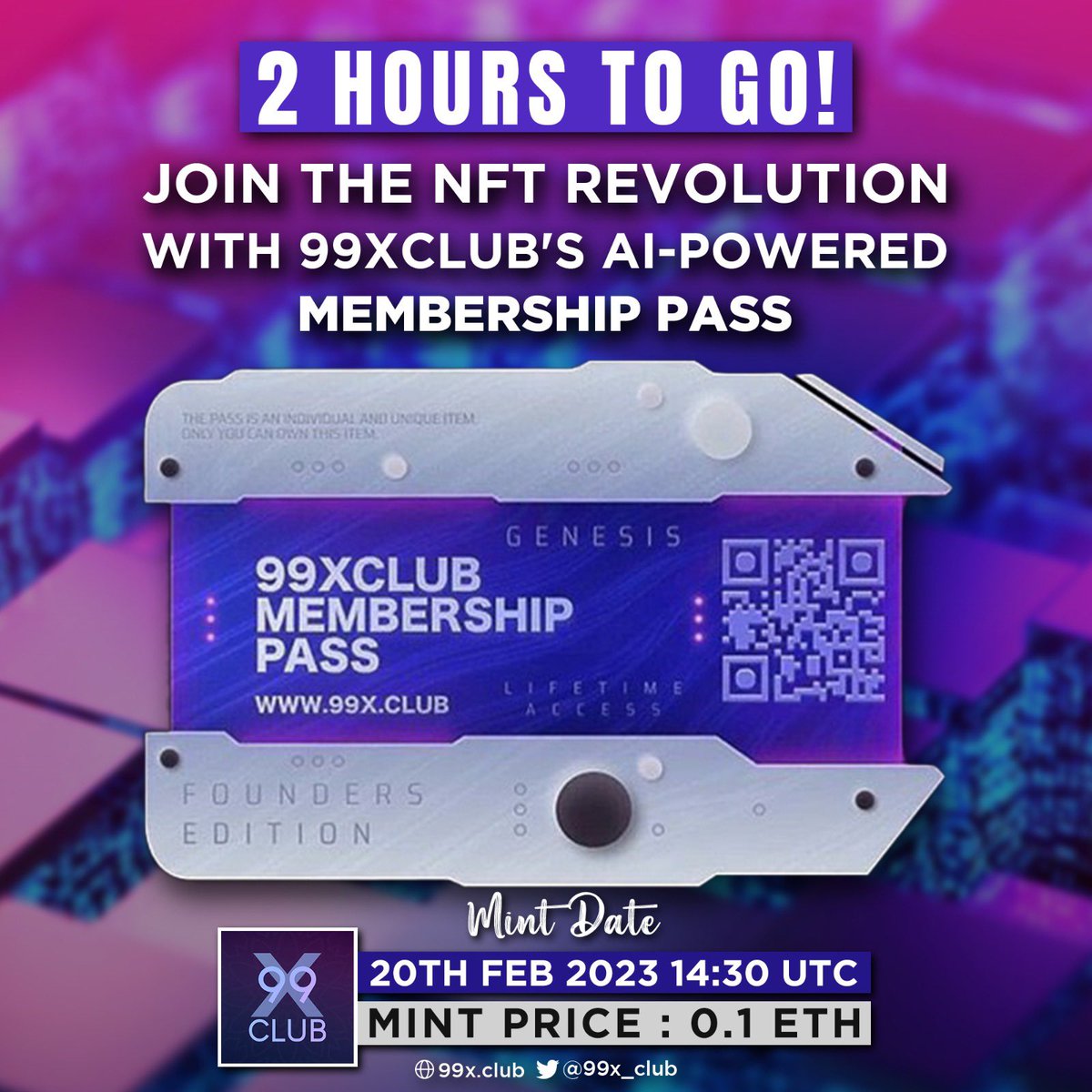 2 hours to go for @99x_Club AI Pass ~ 💳🔥

Get ahead of the game with 99xclub's AI-Powered membership pass! 🚀

Public Mint Date : 20’Feb’2023 14:30 UTC

Mint Price: 0.1 $ETH

Website : 99x.club

#99xclub #ai #pass #nft #nfts #bayc #mayc #meme #WWEChamber #nftart