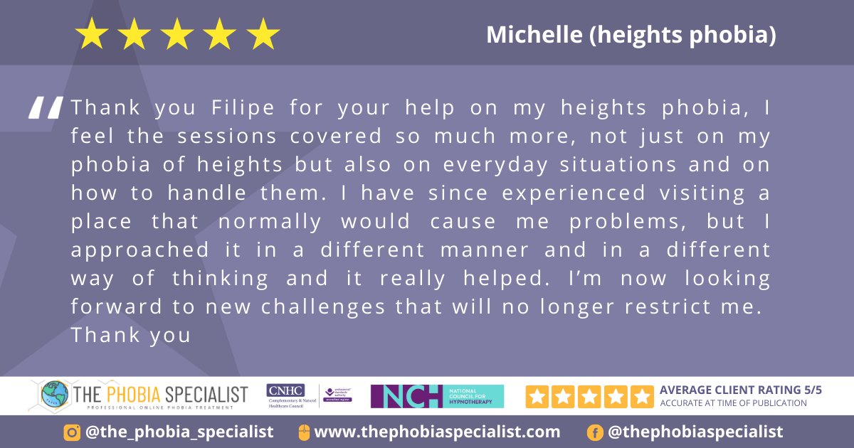 Another great review from one of my clients who overcame her fear of heights.

#phobiatreatment #phobias #fearofheights #acrophobia #heightsphobia #thephobiaspecialist #hypnotherapy #hypnosis