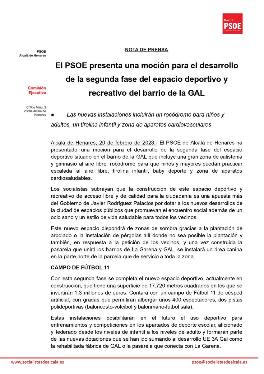 ✅ Seguimos trabajando para impulsar el Deporte en los barrios

🏗 Actualmente se encuentra en fase de construcción del Espacio Deportivo y Recreativo de la GAL
📣 Ahora, proponemos la ampliación con rocódromo, tirolina, calistenia y aparatos cardiosaludables

#PorAlcalá❤️