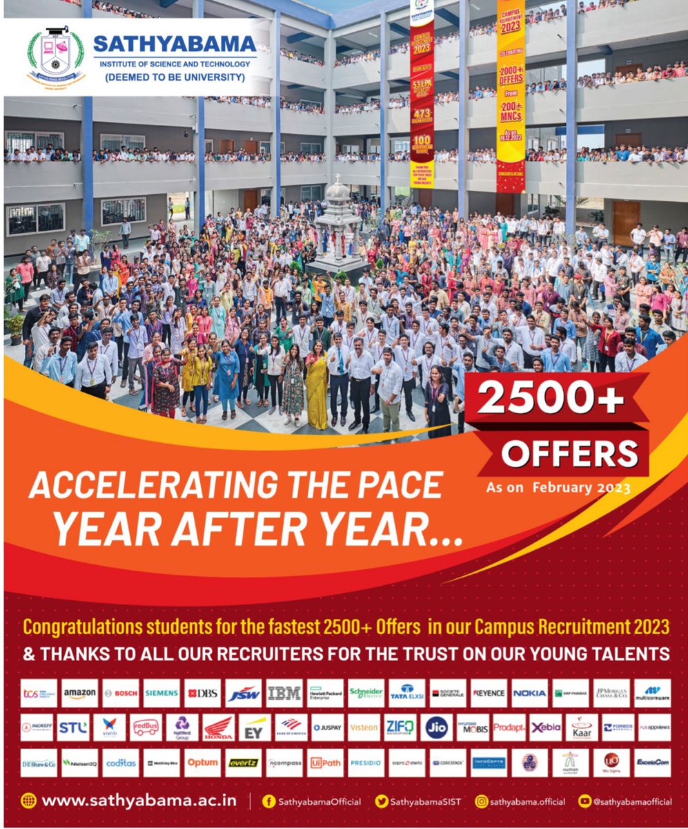 SathyabamaSIST's tweet image. sathyabama.ac.in #sist #sathyabama #placement2023 #offers