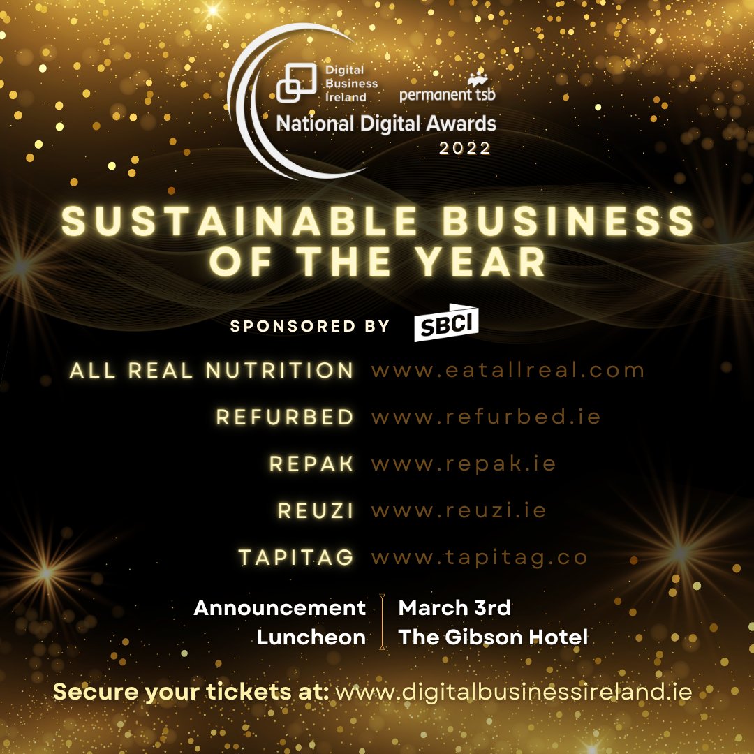 Sponsored by @SBCIreland , here are the final five companies in the Sustainable Business of the Year category. Secure your tickets to the National Digital Awards Luncheon on March 3rd to find out who brings home the winning trophy! #DigitalAwardsIE tinyurl.com/NDA22tickets