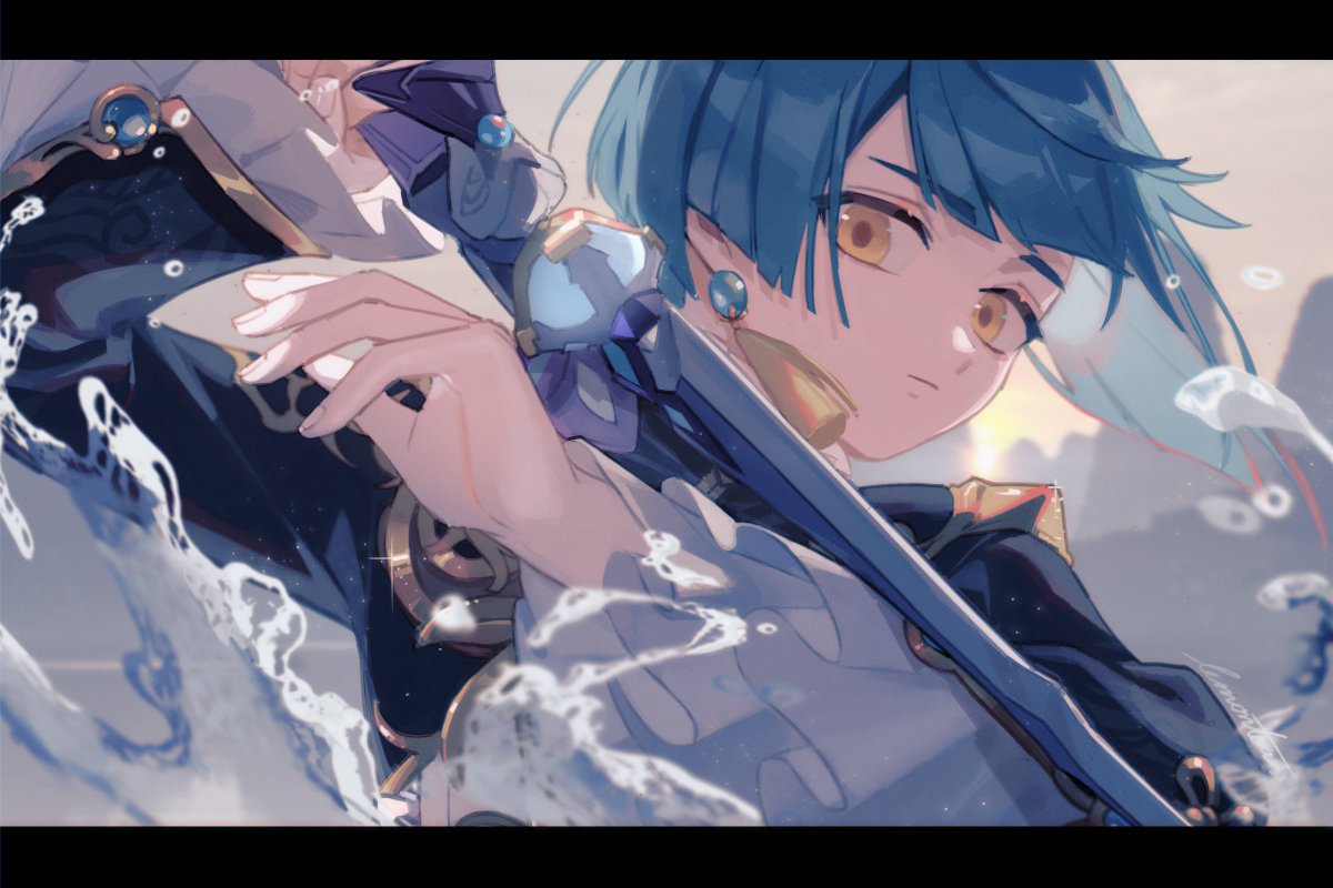 xingqiu (genshin impact) 1boy male focus letterboxed blue hair solo weapon sword  illustration images