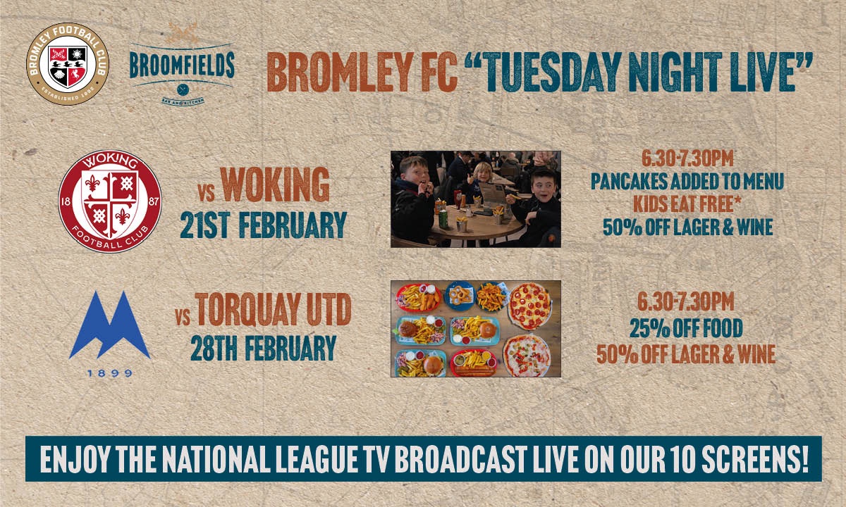 SHROVE TUESDAY
A Reminder that Tomorrow Night we will be showing @bromleyfc v Woking as well as having some special offers on including serving Pancakes from our Menu. 

#Hellobroomfields #BromleyFC #Drinksoffer #Foodoffer #PancakeDay #Livesfootball