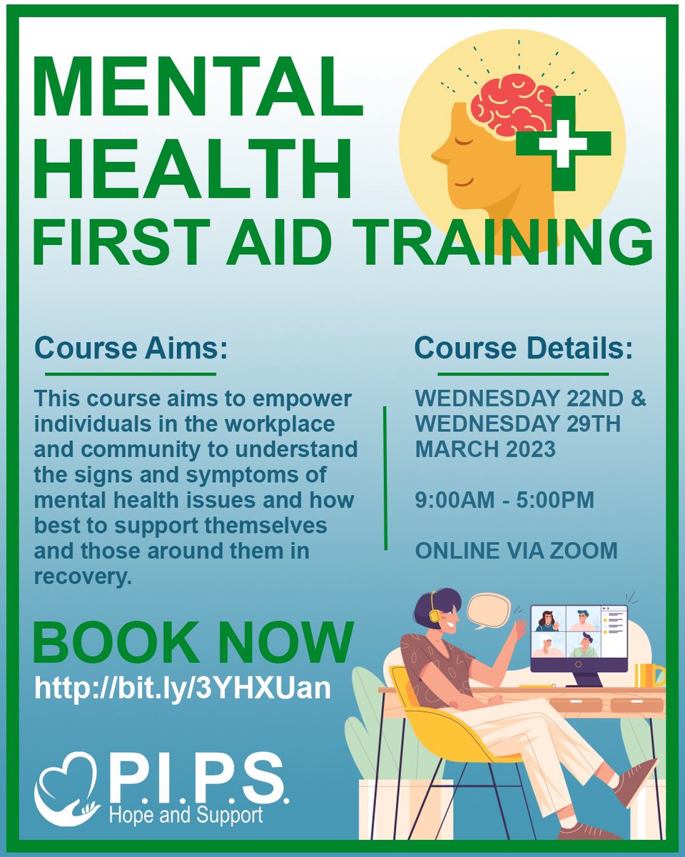 PIPS Hope & Support (@pipshopesupport) on Twitter photo Our next Mental Health First Aid training takes place online in March.
๐ Wednesday 22nd & 29th March
โฐ 9:00am - 5:00pm
๐ Online
Book your place on this training at bit.ly/3YHXUan
๐๐ญ๐ญ๐๐ง๐๐๐ง๐๐ ๐๐ญ ๐๐จ๐ญ๐ก ๐๐๐ฒ๐ฌ ๐ข๐ฌ ๐๐จ๐ฆ๐ฉ๐ฎ๐ฅ๐ฌ๐จ๐ซ๐ฒ Our next Mental Health First Aid training takes place online in March.
๐ Wednesday 22nd & 29th March
โฐ 9:00am - 5:00pm
๐ Online
Book your place on this training at bit.ly/3YHXUan
๐๐ญ๐ญ๐๐ง๐๐๐ง๐๐ ๐๐ญ ๐๐จ๐ญ๐ก ๐๐๐ฒ๐ฌ ๐ข๐ฌ ๐๐จ๐ฆ๐ฉ๐ฎ๐ฅ๐ฌ๐จ๐ซ๐ฒ