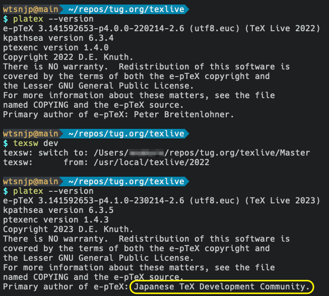 wtsnjp's tweet image. TL 2023になって、ようやくPrimary author of e-pTeX等が適切な値になった気がする。ずっと気になってた。
#texlive #pTeX