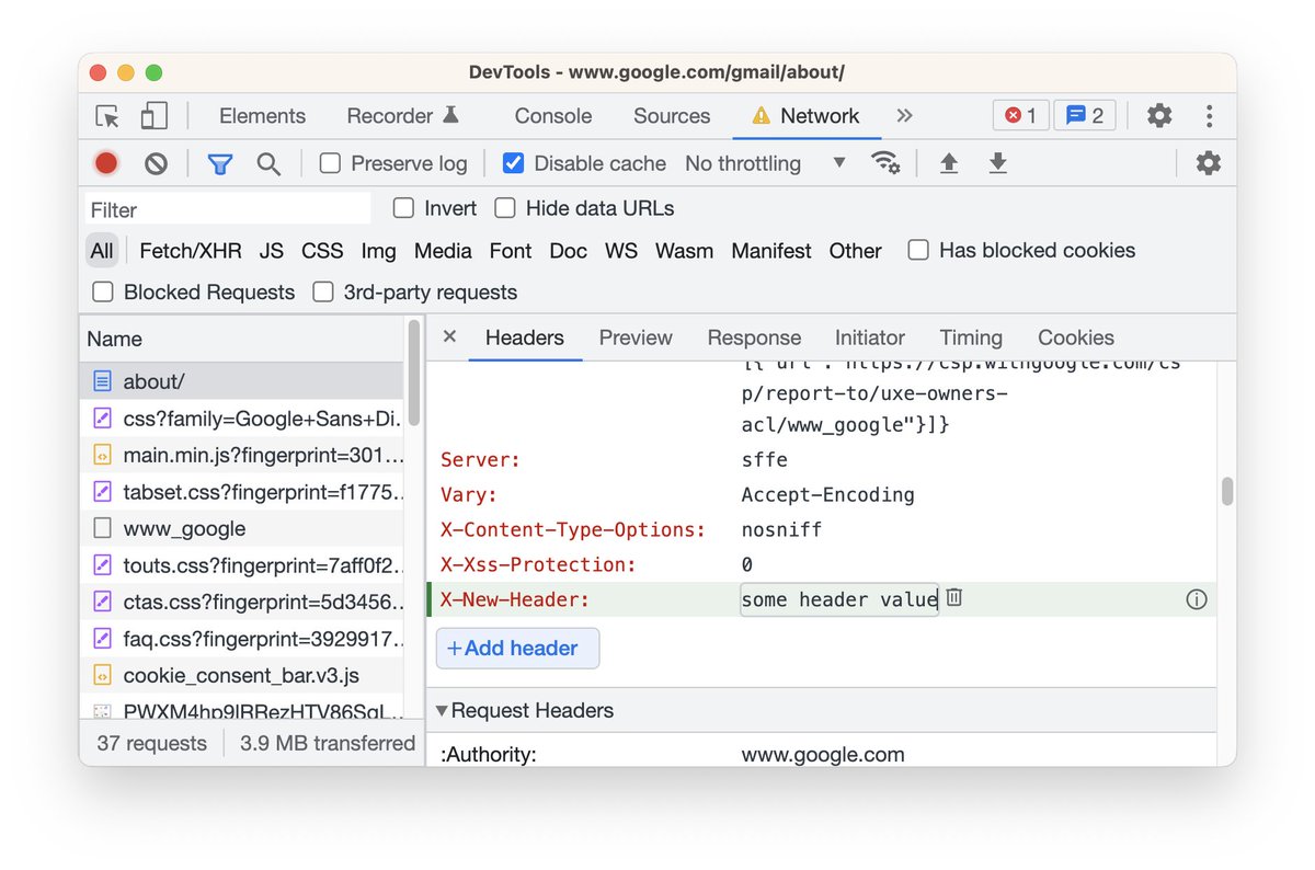ChromeDevTools's tweet image. Customize HTTP headers with ease! Our prototype &quot;Add header&quot; button allows you to override headers locally.  

Share your thoughts in our RFC - we want your feedback!  
👉🏼 github.com/ChromeDevTools…

#ChromeDevTools #RFC